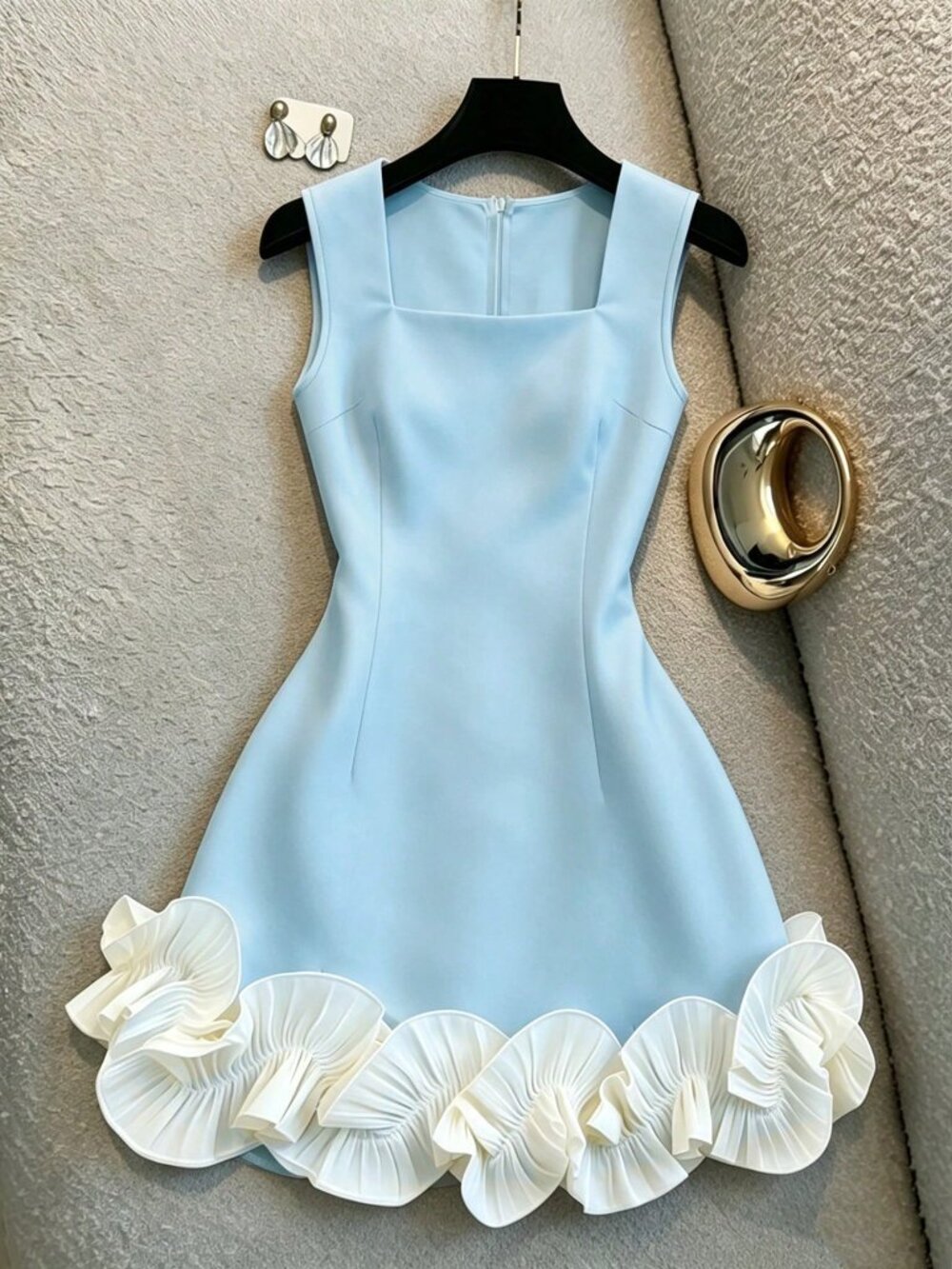 Blue Elegant Women's Patchwork Ruffle Hem Square Neck Sleeveless Dress - Picture 3 of 5